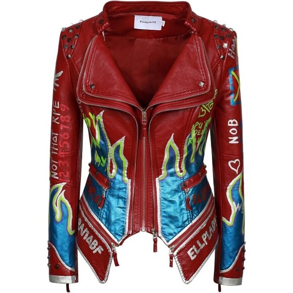 Women's Punk Floral Embroidered short Faux Leather Jacket .